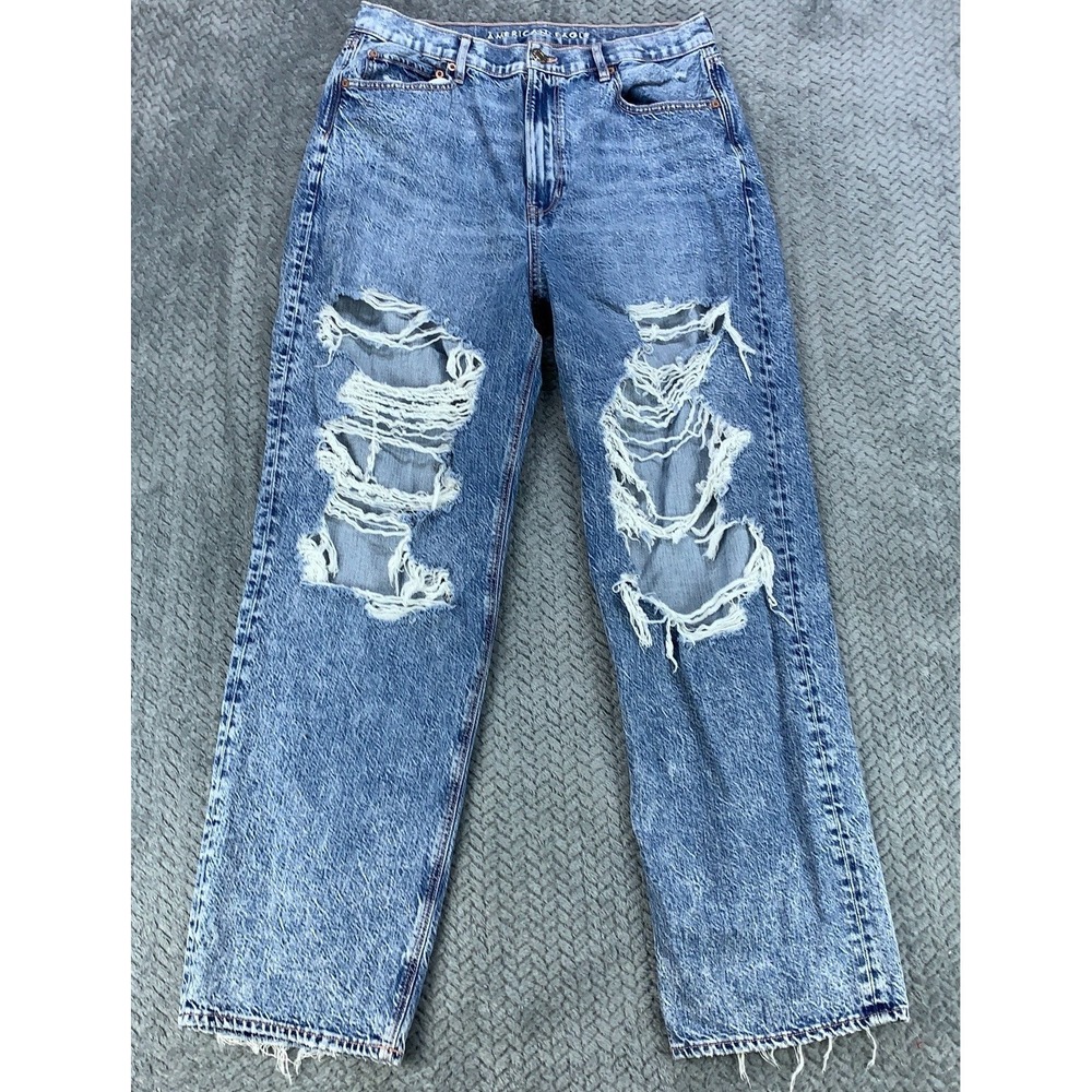 American Eagle‎ Baggy Jean Jeans Womens 14 Blue Light Wash High Rise Distressed